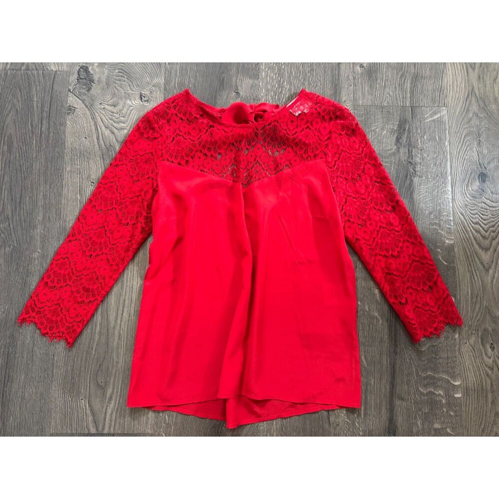 Sezane Adeline Silk Lace Bright Holiday Red Open Back Blouse 36 / 4 / S - Picture 3 of 7